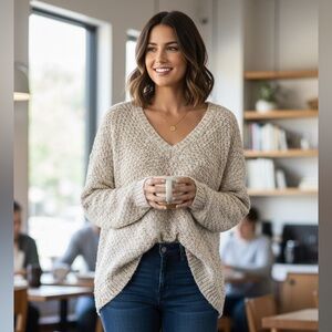 Zara Knit V neck Cream Sweater M